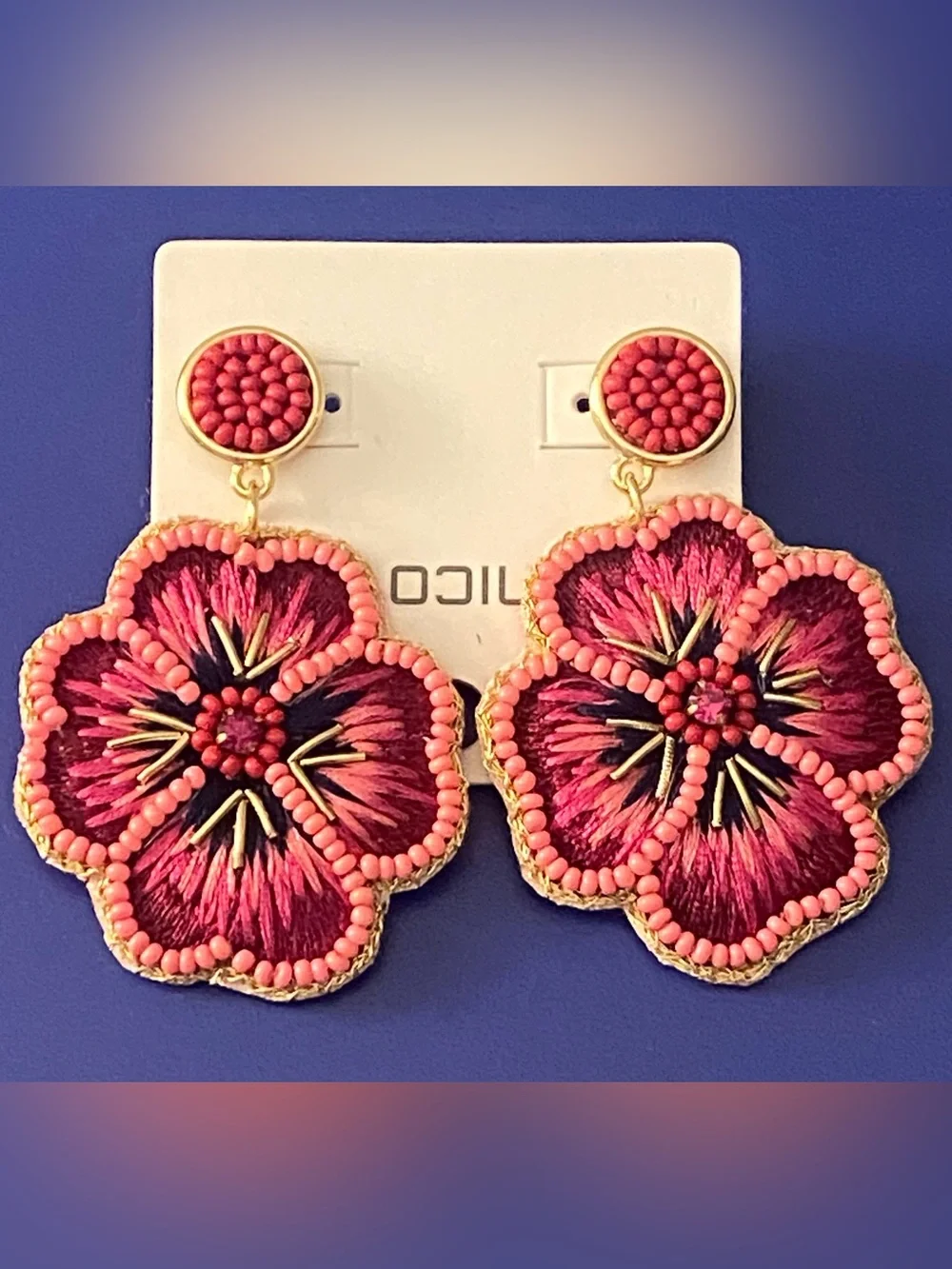 Chico's Pink Floral Embroidered Drop Earrings MSRP $35